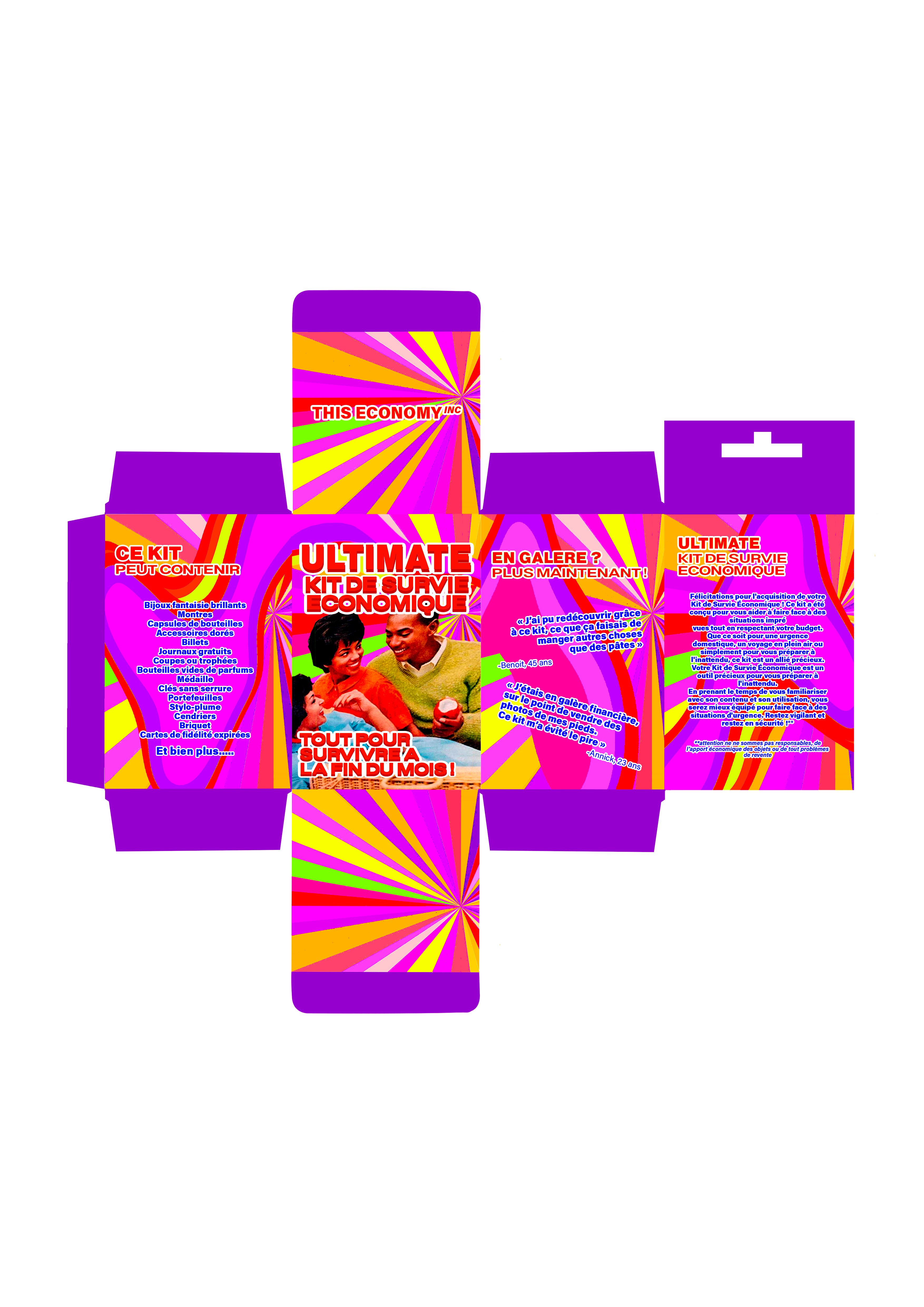 Projet de détournement inspiré du travail de Dana Wyse. Création de l'identité visuelle d'un kit de survie économique tourné vers les familles de classe moyenne, de l'affiche au packaging.